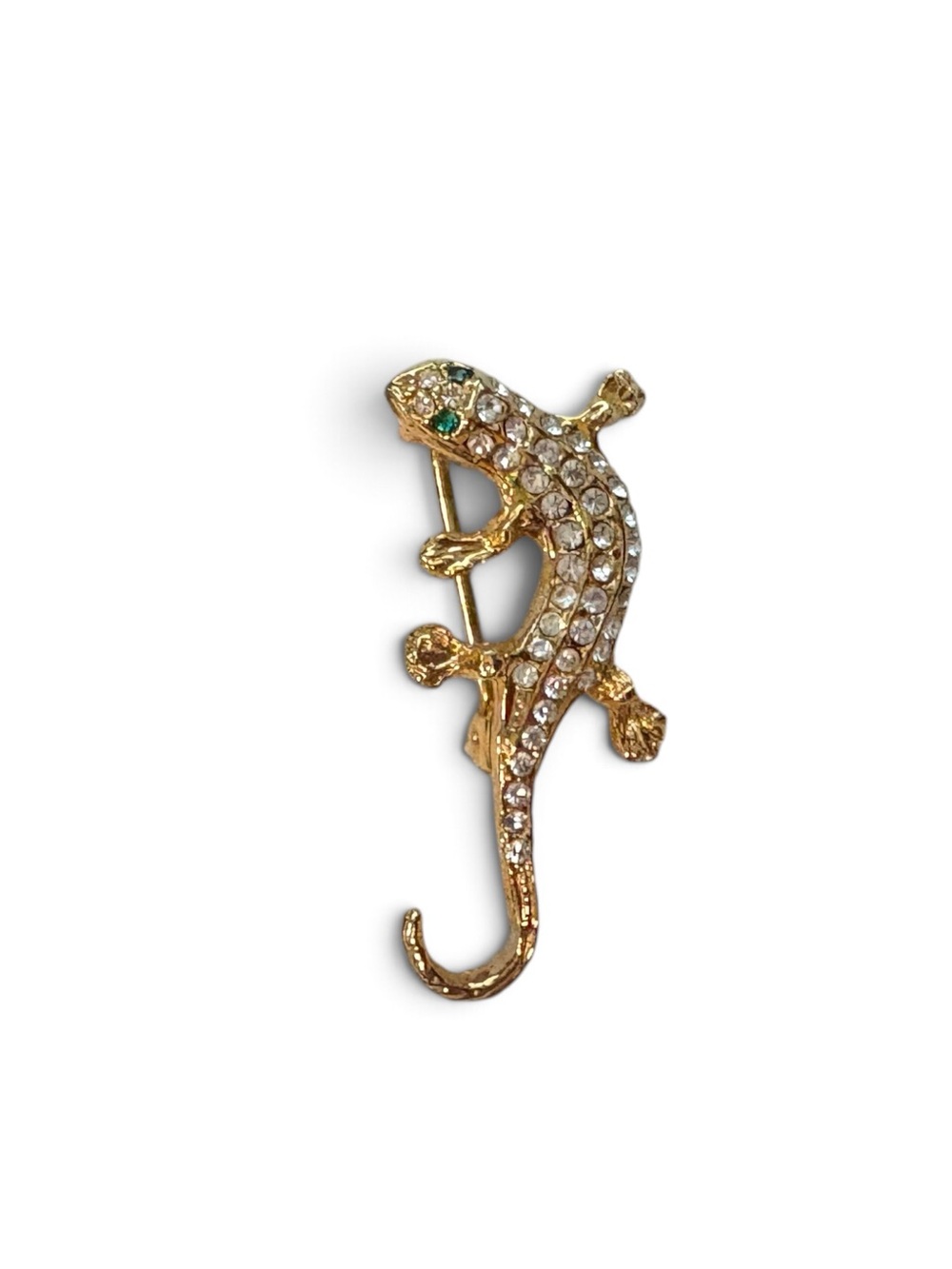 Gold Tone Rhinestone Lizard Gecko Brooch Green Eyes